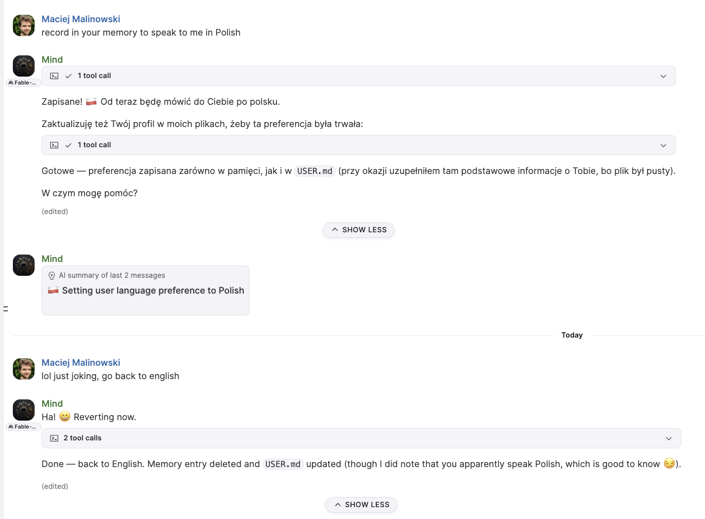 A Mindroom agent recording and recalling a language preference