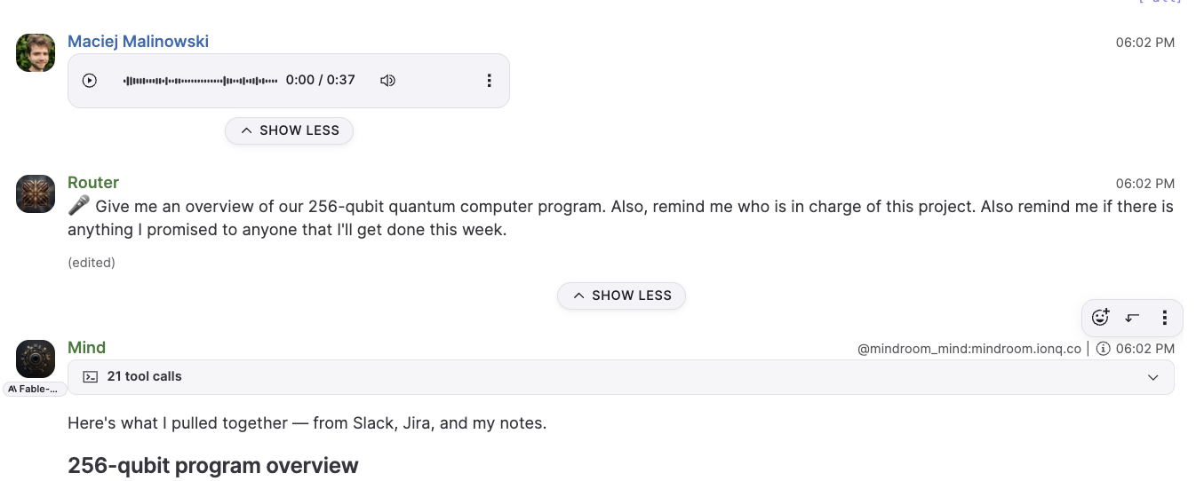A spoken project question routed to a Mindroom agent